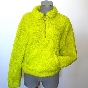 Neon yellow teddy bear half zip jacket